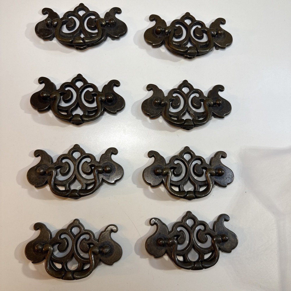 Vintage‎ Brass Scroll Bail Drawer Pulls Pierced Design Matching Set of 8